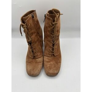 Vince Halle Suede Lace Up Boots Block Heel Zip Close Brown 6M Made In Italy